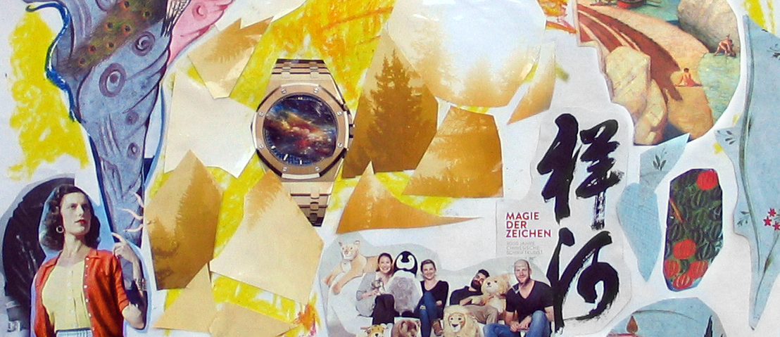 Sadikni, Kunsttherapie -Bild 2 - Collage aus Zeitschriftenschnipseln. Links steht eine entschlossene Frau der ein Wirbelwind aus der Hand zu entspringen scheint. Sie blickt auf eine Szene von Zeichen, Symbolen und Menschen: Eine Uhr mit einem Weltraumbild anstelle des Ziffernblatts; Eine Gruppe Erwachsener Personen im Kreis von Kuscheltieren; Blumen und ein Wald im Sonnenlicht; Badende am Strand. "Magie der Zeichen" steht in der rechten Bildhälfte.