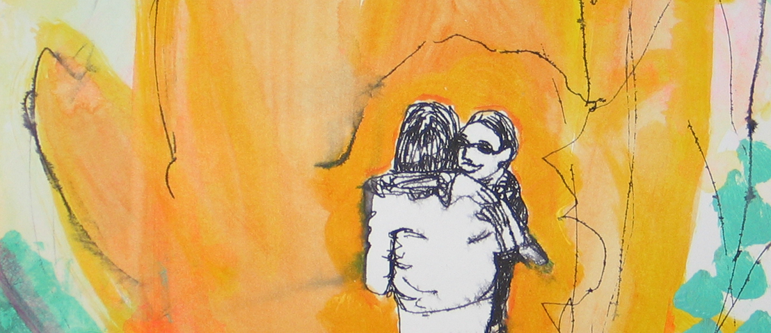 Sadikni, Kunsttherapie -Bild 4 - Tuschezeichnung nach Fotovorlage. Vor einem blumigen Hintergrund mit viel orange, sowie ein wenig weiß und grün, stehen zwei Personen, die sich in die Arme schließen.